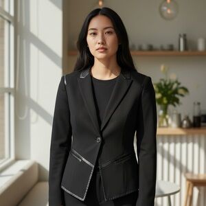 Kenneth Cole Collection Black Tailored Blazer with Leather Trim | Size 2